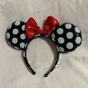Disney Black and White Polka Dot Minnie Mouse Ears with Red Bow